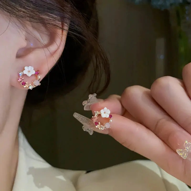 Colorful flower earrings with imitation pearl hoop and crystal accents by Simples Market