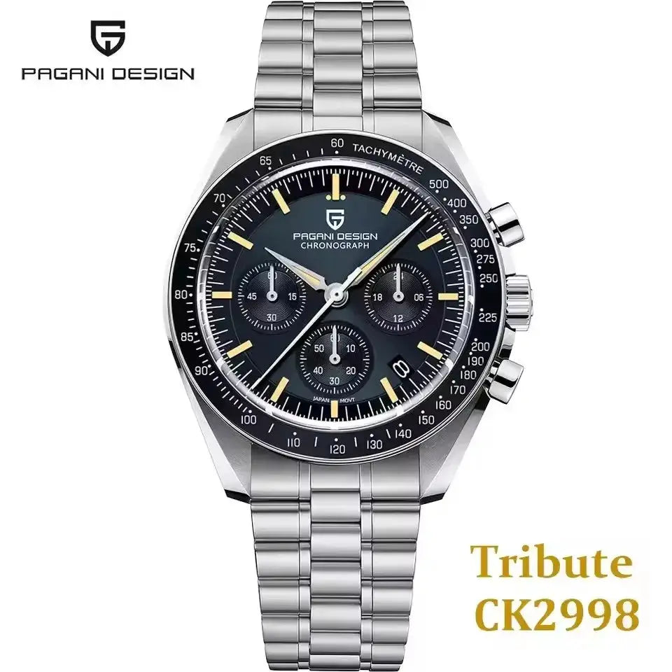 Pagani Design 500 Speedometer chronograph watch; stainless steel bracelet, black dial, tachymeter bezel