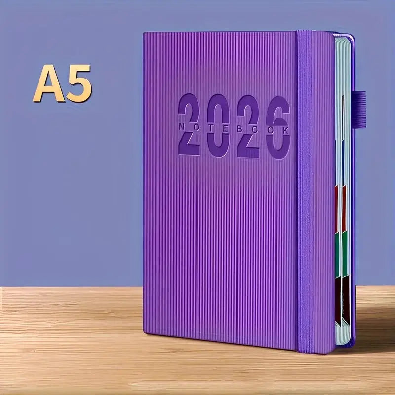 A5 purple 2026 calendar planner with textured cover and tabbed dividers