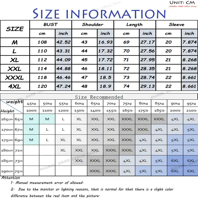 Men's summer short sleeve shirt size chart with bust, shoulder, length, and sleeve measurements Simples Market