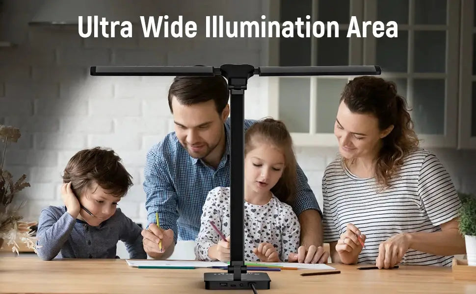Simples Market double-head LED desk lamp with dual swing arms in black on a home office desk