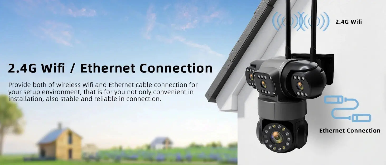 Outdoor home security camera with four lenses and PTZ, 2.4G WiFi and Ethernet connectivity