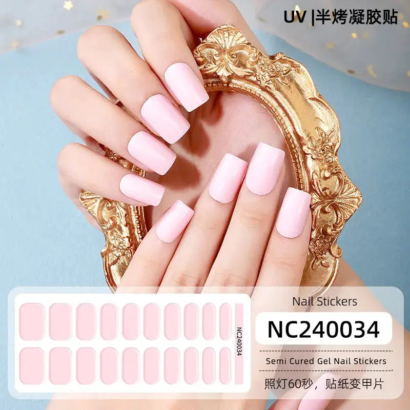 Gel nail stickers set by Simples Market in pale pink full-cover wraps shown on manicured nails