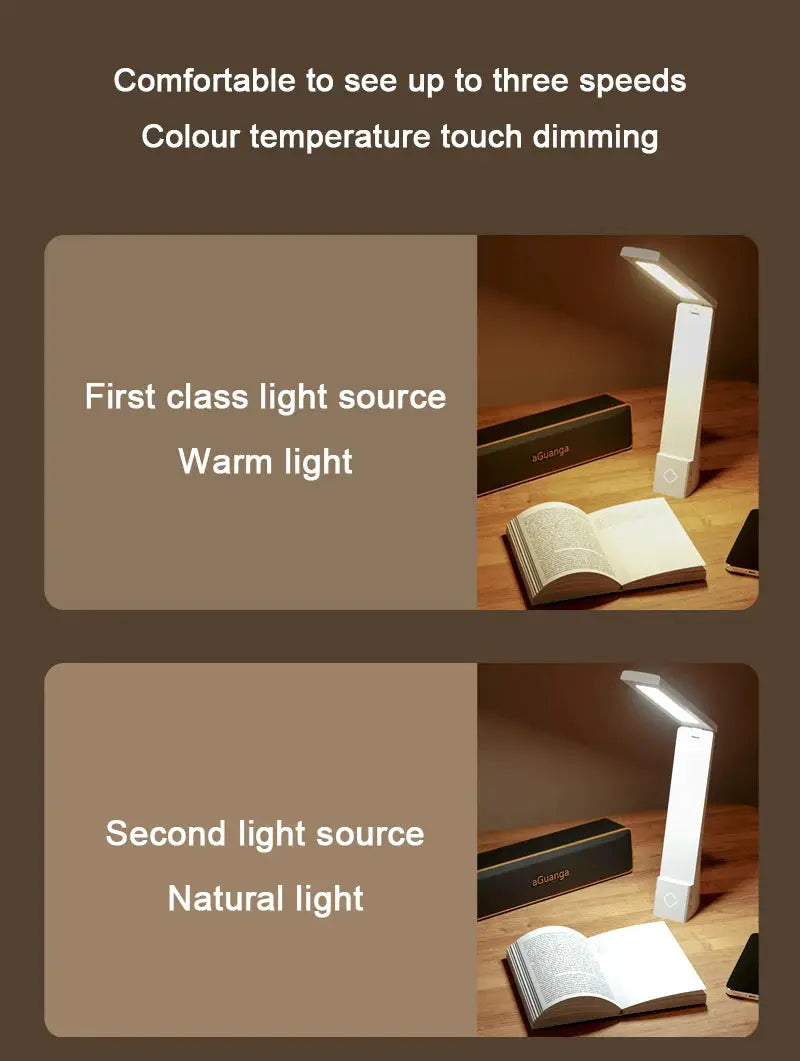 White LED desk lamp with foldable charging base; warm and natural light modes for eye-friendly study or bedside use.