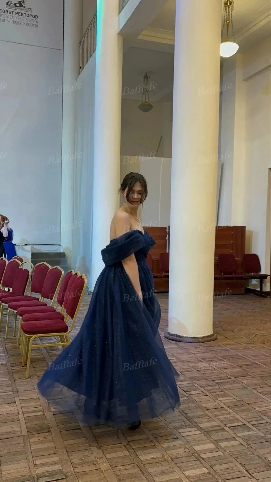 Bafftafe Pink Shiny Tulle Prom Dress Off Shoulder Puff Sleeve Dress