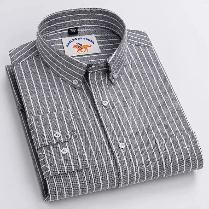 Men's casual Oxford shirt, gray striped cotton with long sleeves and button-down collar