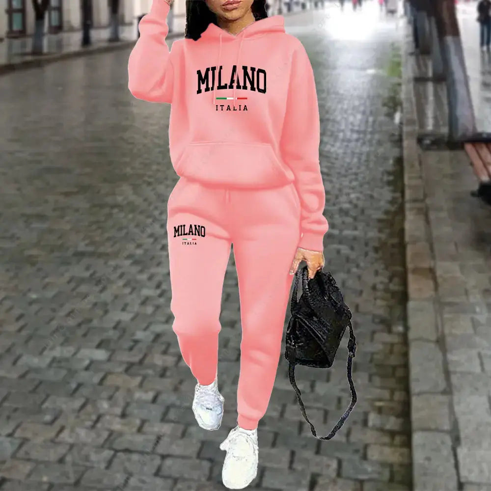 Autumn Winter 2pc Hoodie Pants Tracksuit Milano Letter Print Aesthetic