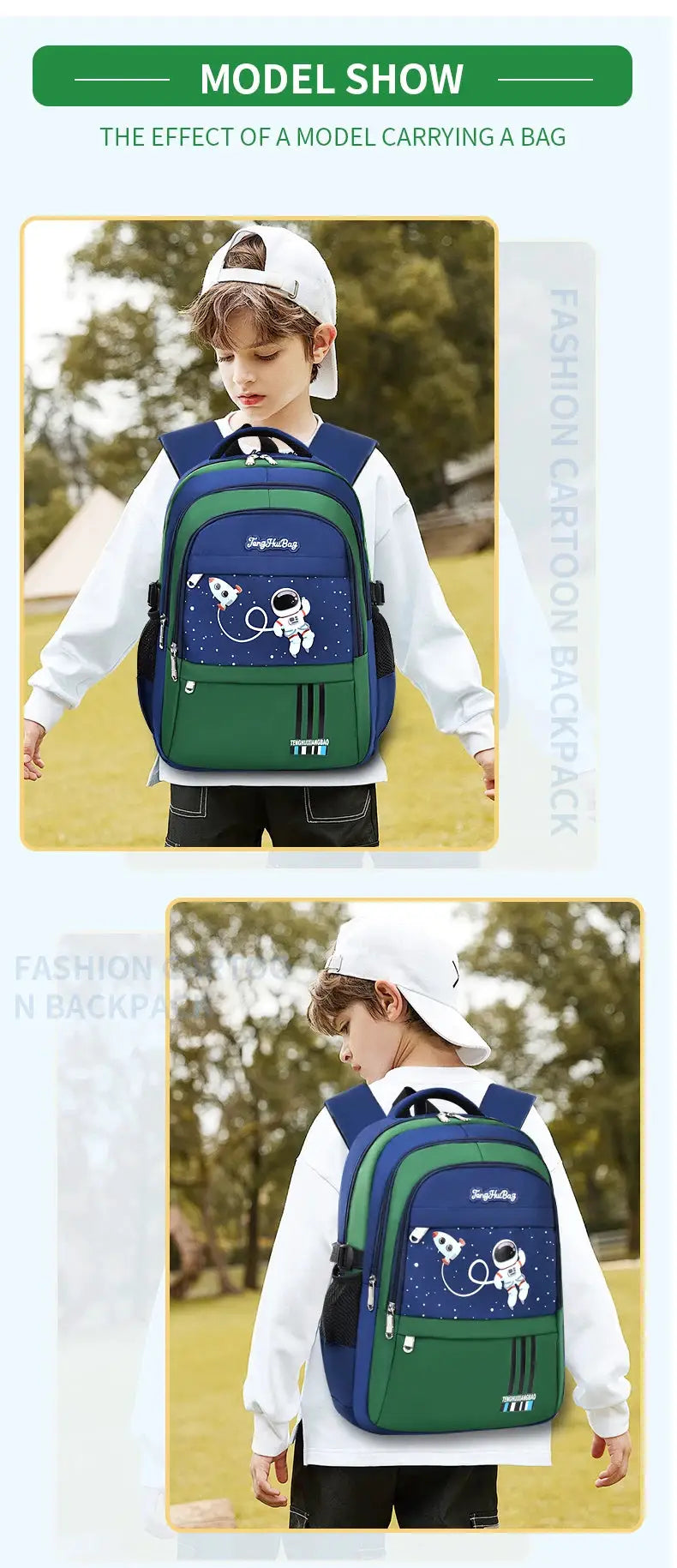 Astronaut backpack for boys by Simples Market; blue and green waterproof schoolbag with laptop compartment
