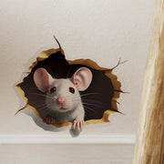 3D Effect Personalized Mouse Hole Sticker With Reading White Mouse Peeking From Flower Branch For Home Decor