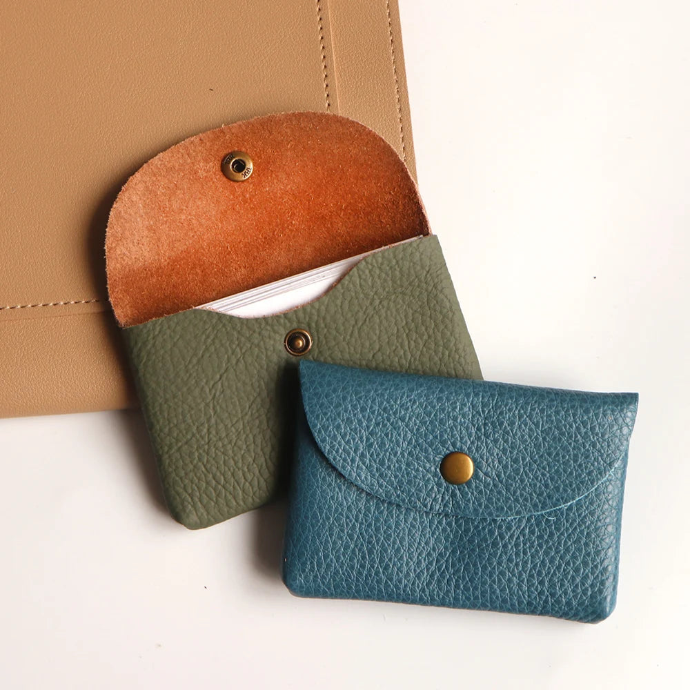 Genuine leather card holder and coin purse set of 3 in tan, olive green, and teal blue by Simples Market