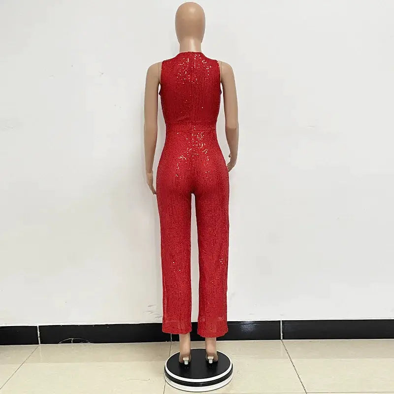 Simples Market red sequin jumpsuit, sleeveless, high-waist, fitted glamorous jumpsuit