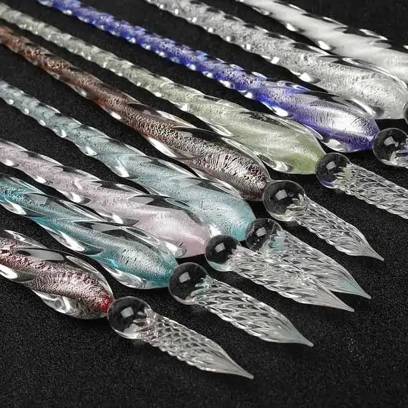 Crystal glass dip pen set with assorted colorful, faceted crystal handles