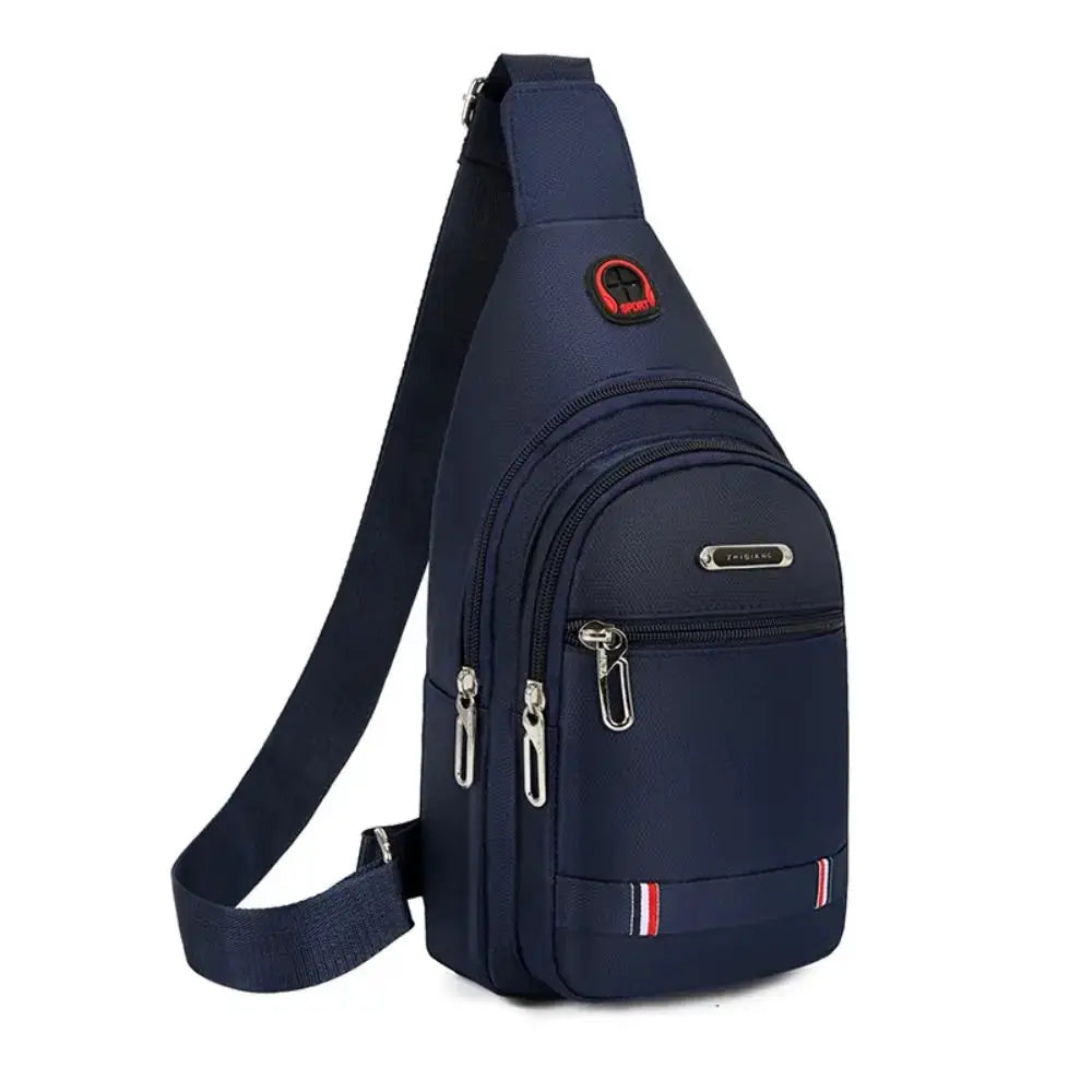 Navy blue men's crossbody messenger bag with three zipper pockets and an adjustable strap.