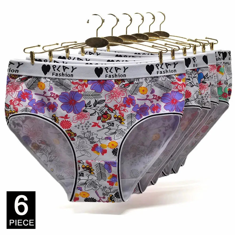Women's cotton briefs six-piece floral print set, mid-rise with Play Fashion waistband