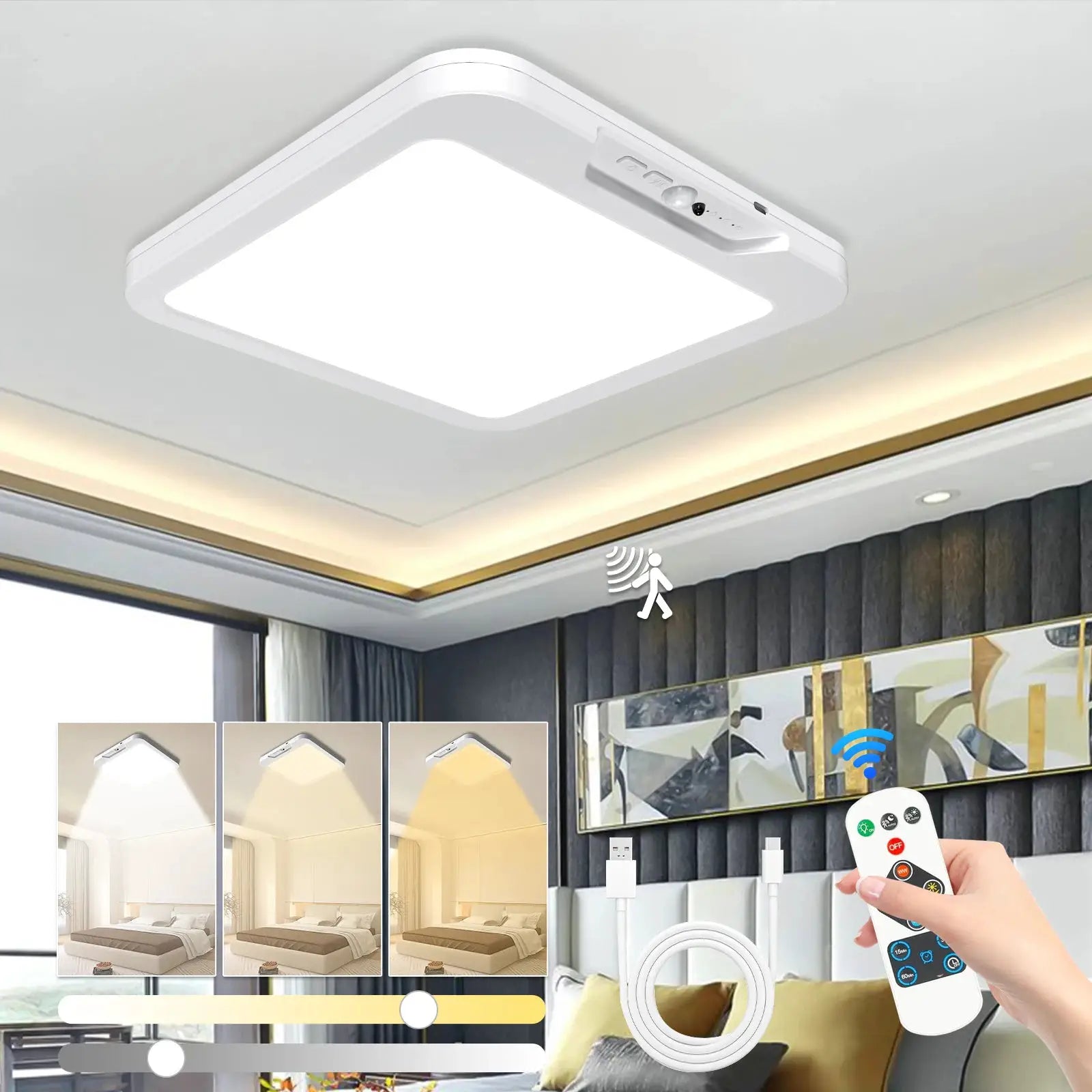 Simples Market rechargeable motion-sensor ceiling light with remote, white square LED fixture offering 3 color temperatures and timer