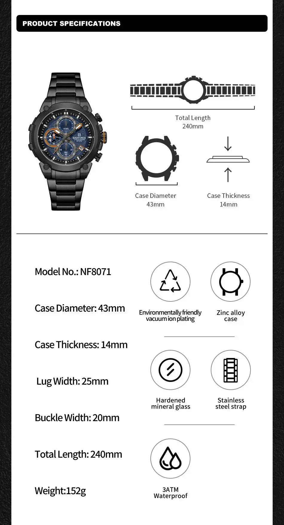 Naviforce men's military chronograph wristwatch with blue dial on black stainless steel band, 43mm case 3ATM waterproof