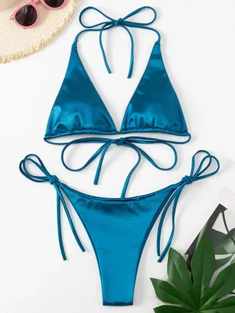 Simples Market blue metallic satin halter bikini set, Brazilian high-cut bottoms with tie sides