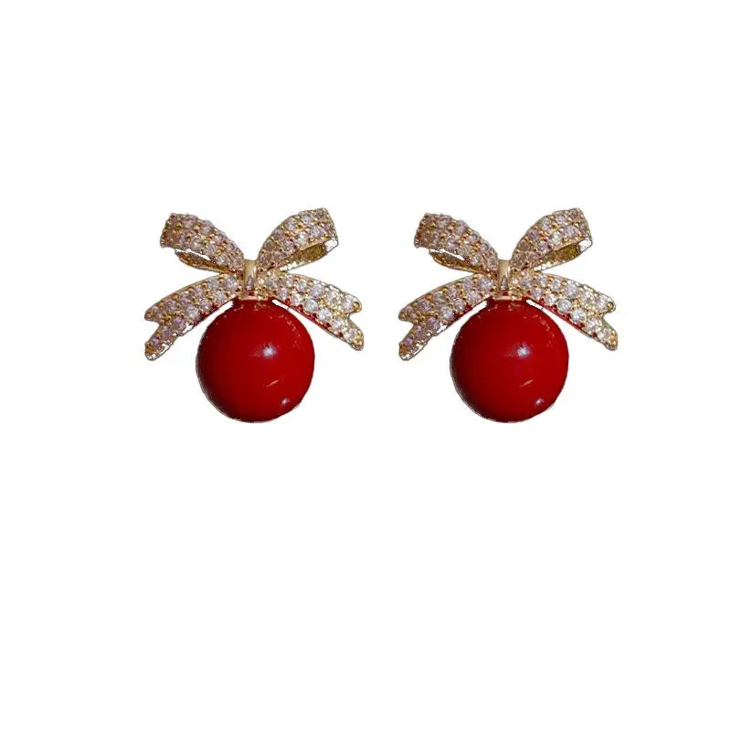 Sparkling Rhinestone Bow Pearl Stud Earrings for Women Light Luxury Fashion Jewelry Gift for Wedding Birthday