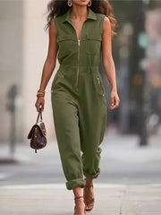 Simples Market women's olive-green sleeveless jumpsuit with front zipper and turn-down collar.