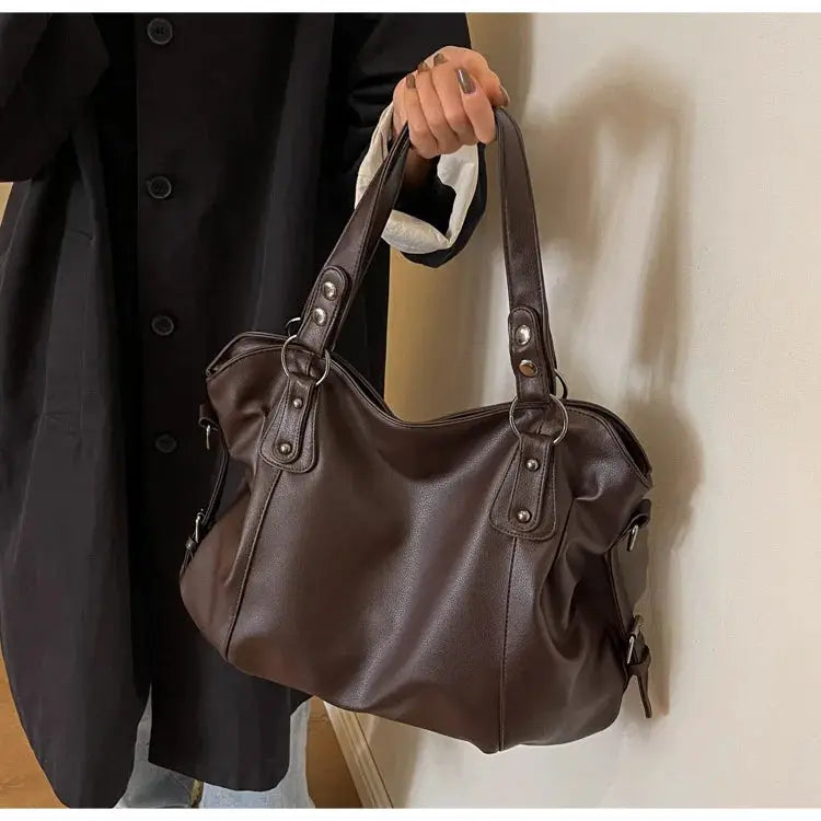 Soft interior compartment shoulder bag in brown PU leather for women with double top handles