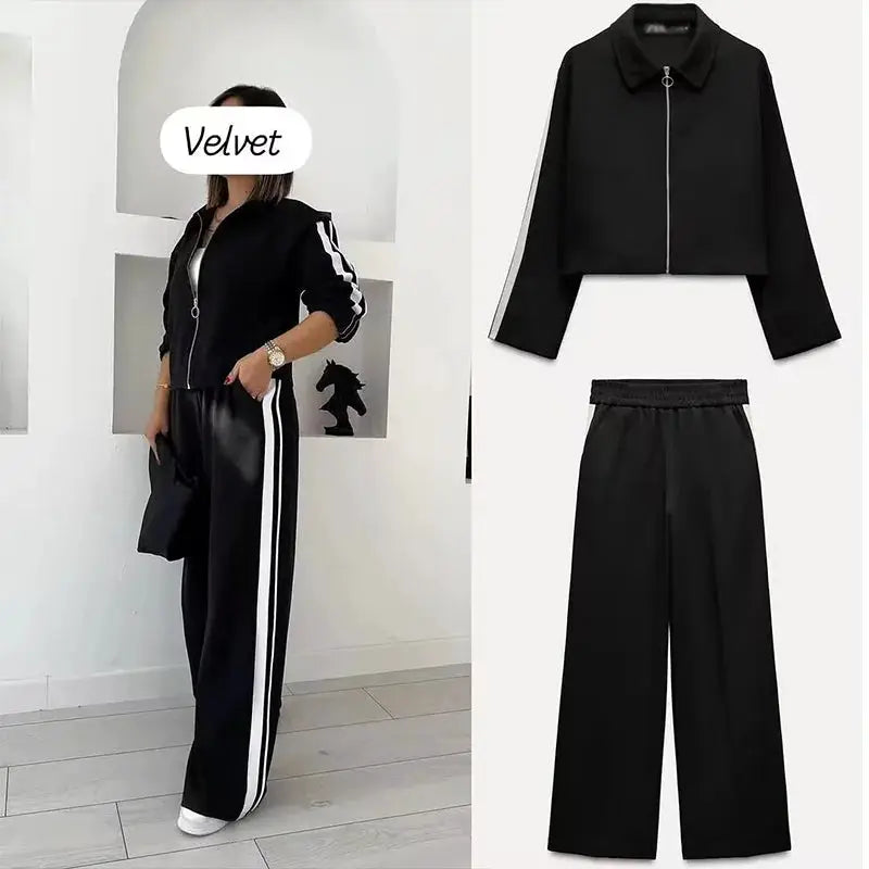 2024 New Women Patchwork Black White Baggy Pants Short Jacket Set