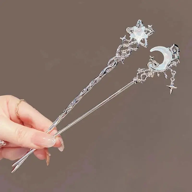 Vintage Moonstone Moon Star Hair Sticks For Women Chinese Style Cross Tassel Hairpin Hair Chopsticks Hair Accessories