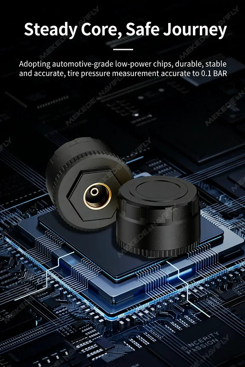Navifly car TPMS Bluetooth tire pressure monitor sensor set for iOS/Android, with black caps on a circuit board