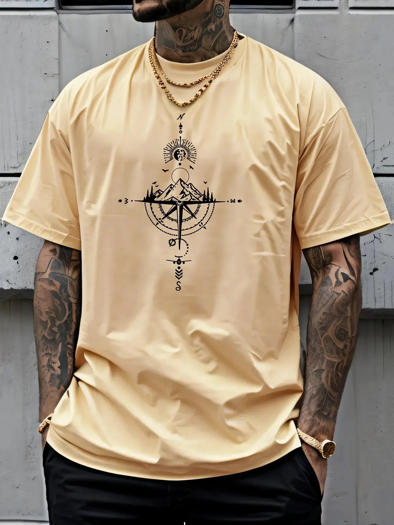 Mens 100 Percent Cotton Summer Casual T Shirt Loose Oversized Retro Compass Print Round Neck Short Sleeve