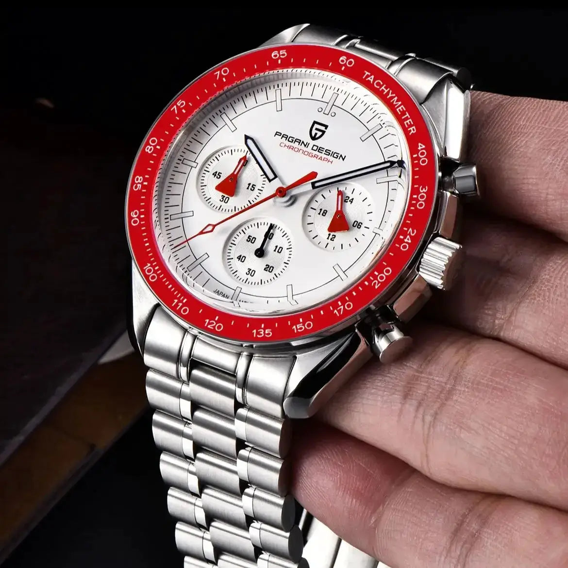 Pagani Design AK Project Mars men's chronograph watch with white dial, red tachymeter bezel, stainless steel bracelet.
