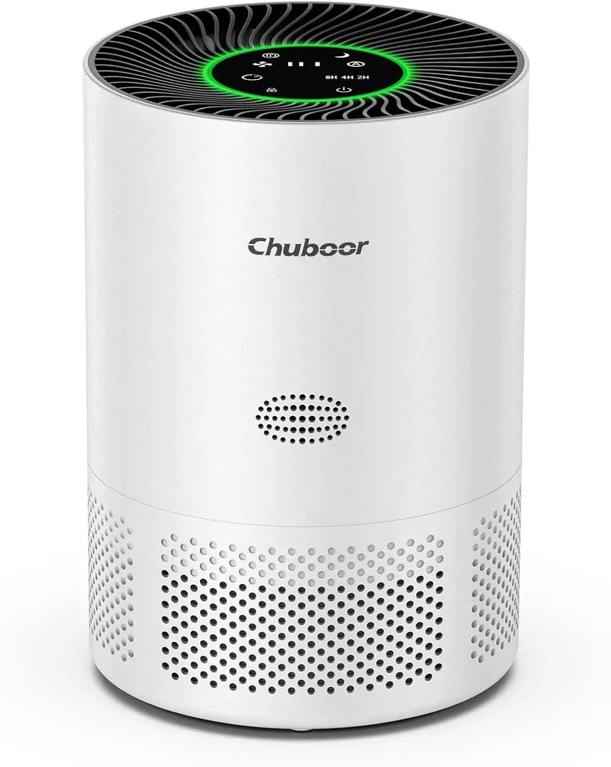 Chuboor air purifier, white cylindrical unit with black top and green LED ring