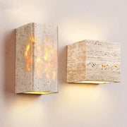 Wabi Sabi yellow marble LED wall lamp pair by Simples Market, travertine finish