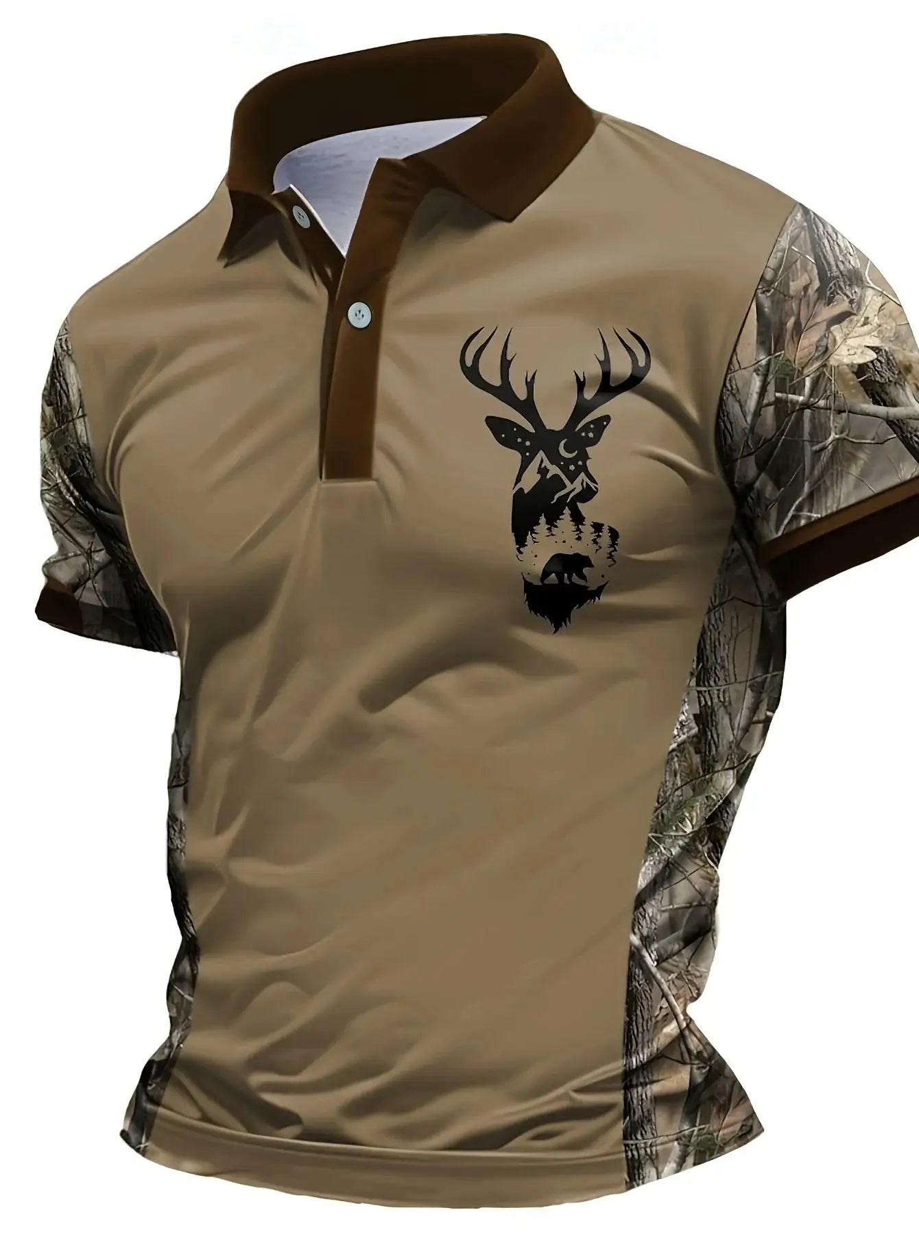 Men's polo shirt by Simples Market in tan with brown collar, 3D pattern deer graphic, camouflage sleeves