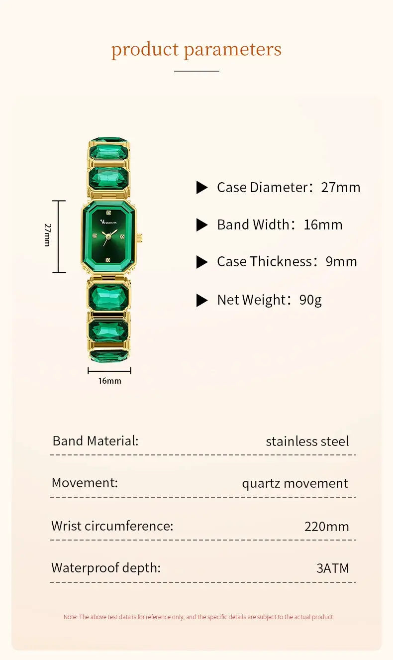 Women square watch by Simples Market with green rhinestone-studded gold-tone bracelet and quartz movement