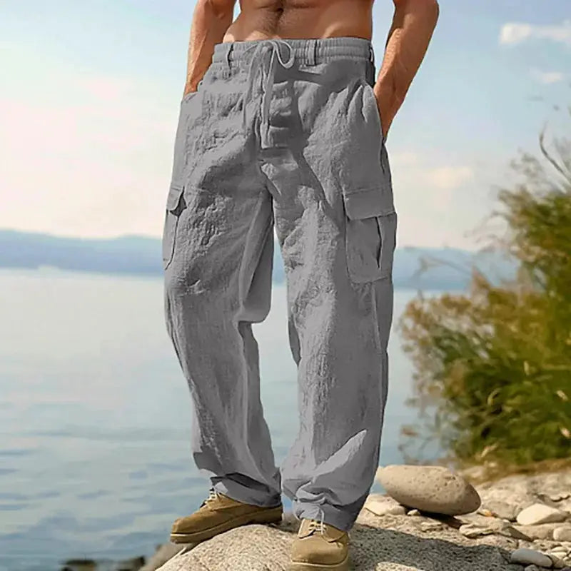 Men's gray cotton-linen cargo pants with multiple pockets, drawstring waist, breathable loose straight-leg fit