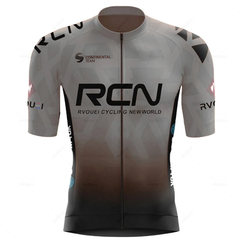 Cycling jersey: 2026 Rvouei Team, grey-to-black gradient, full-zip with prominent RCN logo on chest