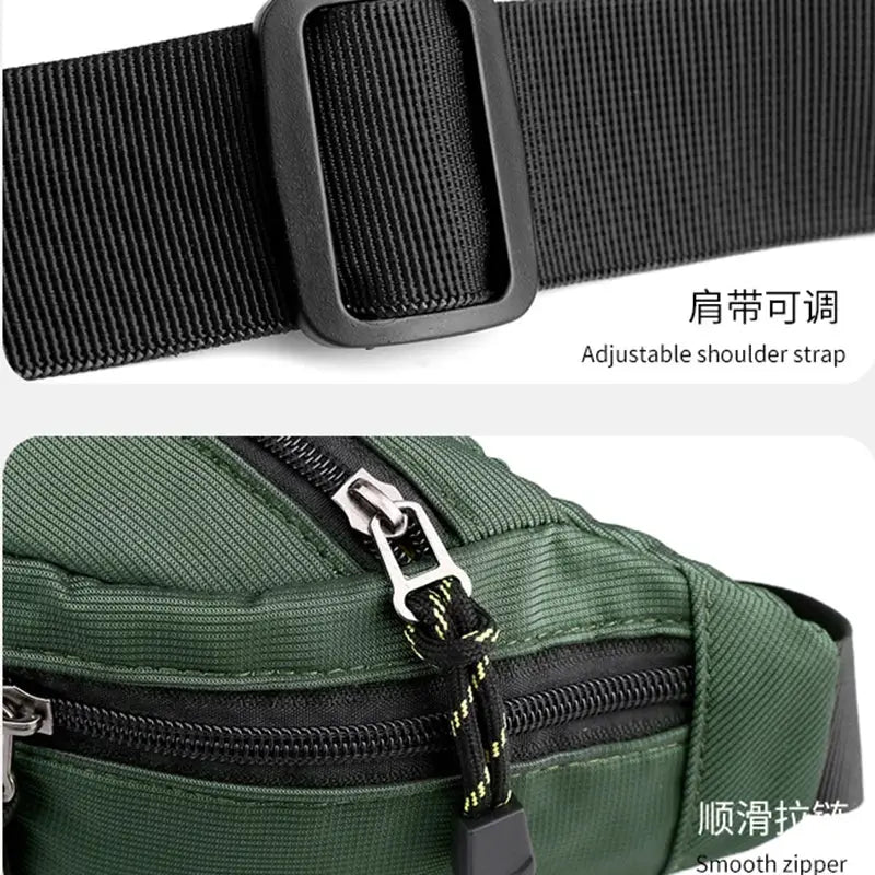 Men's waist pack belt sling in green nylon with adjustable strap, multi-pocket design and smooth zipper