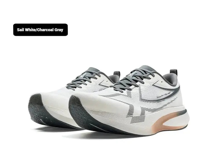 Pair of XTEP 2000km PRO men's running shoes in sail white/charcoal gray with lightweight design by Simples Market