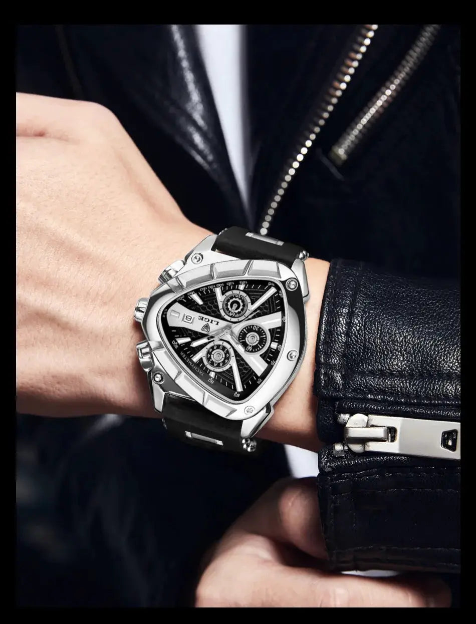LIGE luxury men's wristwatch with silver case, black dial and black strap