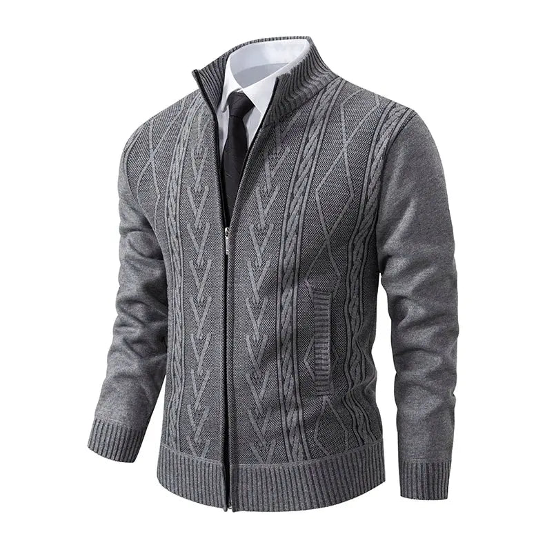 Men's grey cashmere knit sweater coat with geometric cable pattern, zip front