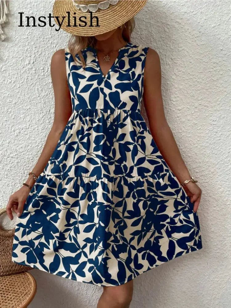 Women Boho Print Mini Dress Sleeveless V Neck Ruffle Beach Sundress