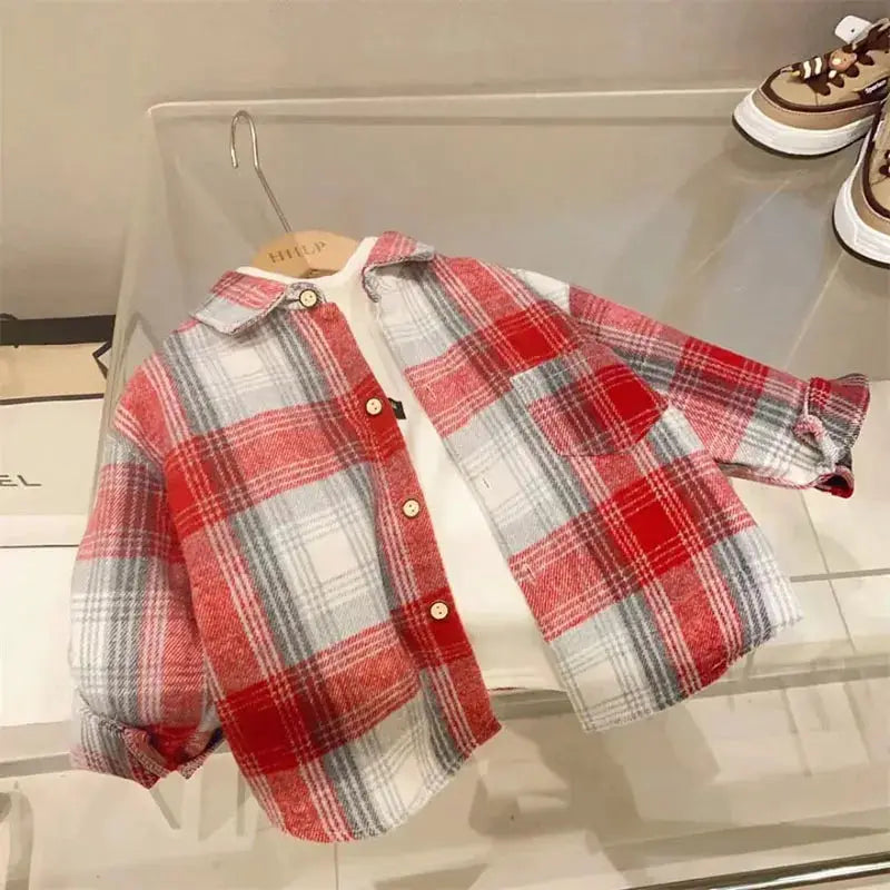 Autumn Plaid Shirt For Girls And Boys Casual Retro Lapel Long Sleeve Single Breasted Top