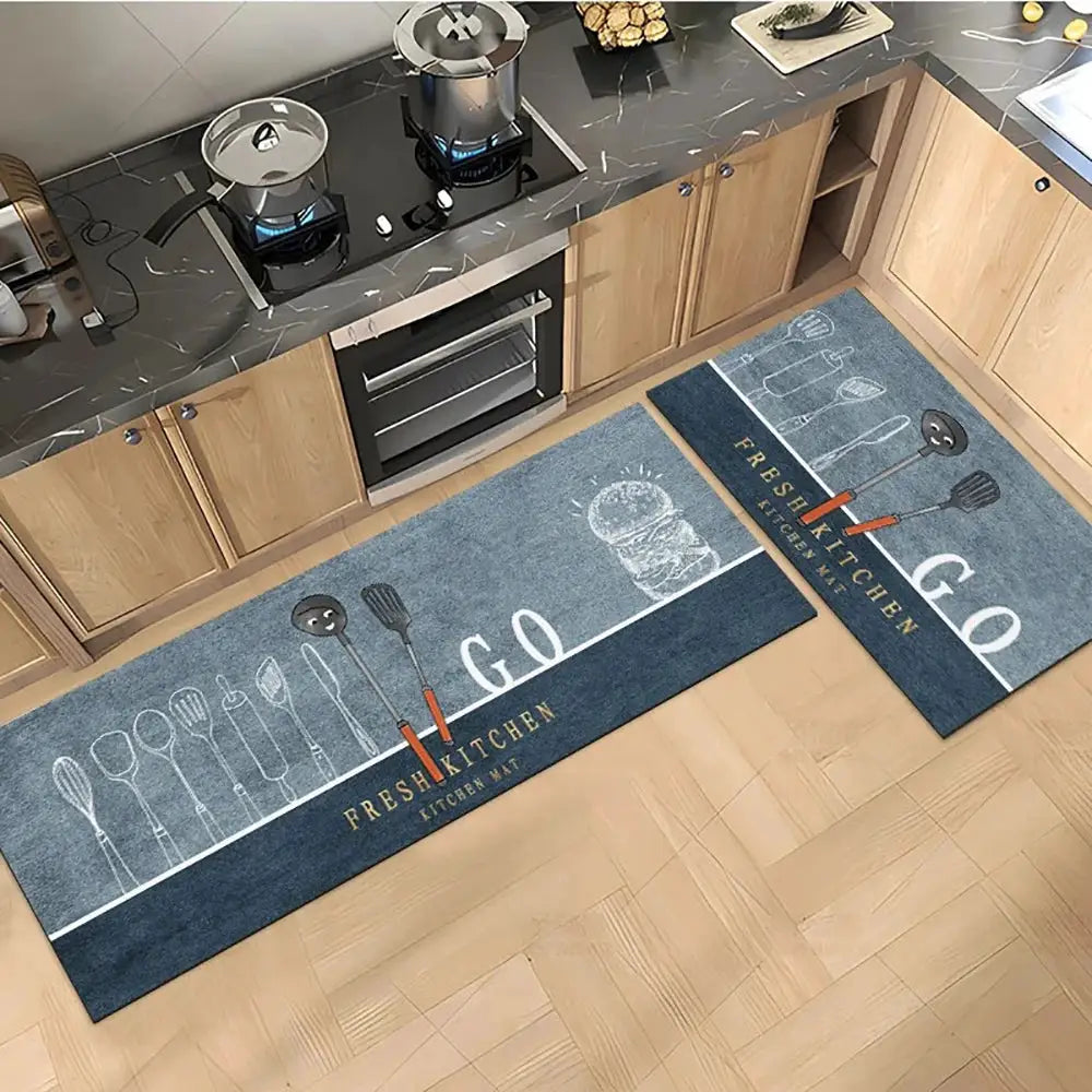 Non-slip kitchen mat set in blue crystal velvet; 2-piece Simples Market runners with utensil prints.