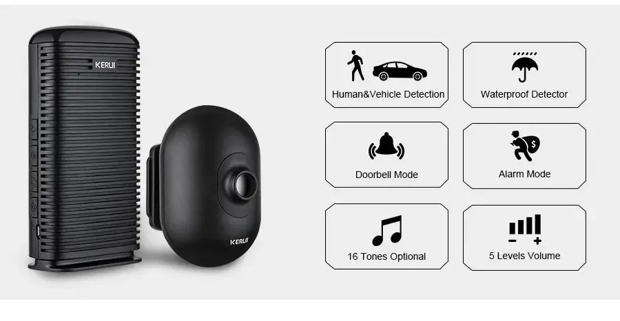 KERUI DW9 wireless driveway alarm kit with waterproof outdoor PIR motion sensor, black two-piece set.
