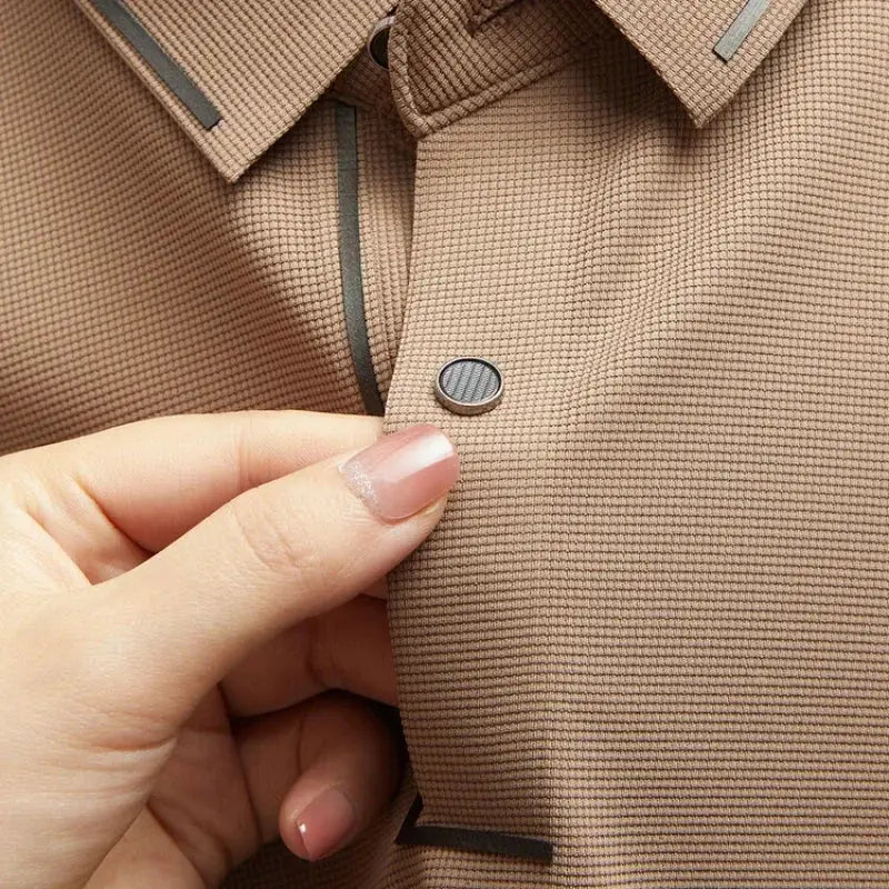 Men's polo shirt beige textured fabric with collar and button placket