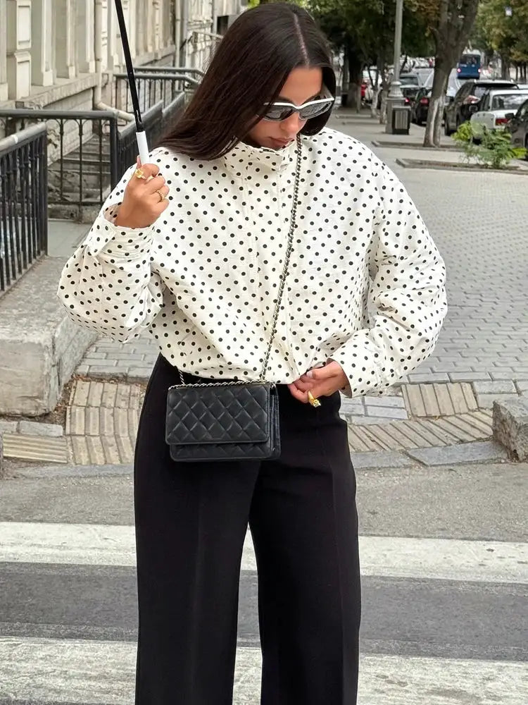 Women's Polka Dot Print Short Coat With Zipper Front Turtleneck Pockets And Drawstring Waist