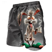 Men's dark gray board shorts featuring a 3D cartoon rabbit holding a mug print for beachwear.
