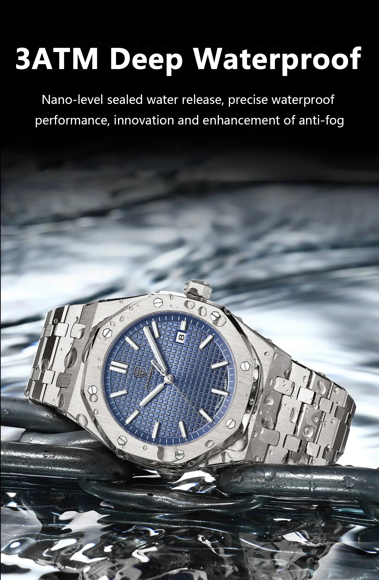 POEDAGAR luxury men's wristwatch with blue dial, stainless steel case and bracelet, date window, 3ATM waterproof