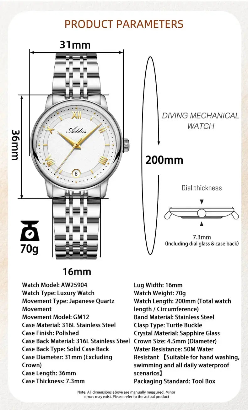 ADDIES women's watch GM12 by Simples Market, stainless steel bracelet, sapphire glass, 31mm case, quartz movement