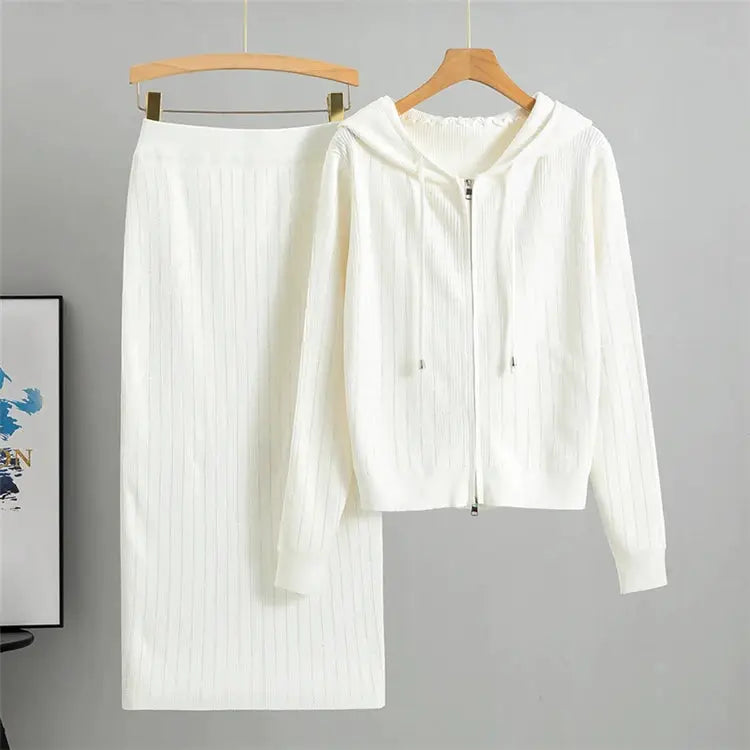 Two Piece Knit Cardigan And High Waisted Skirt Set With Diamond
