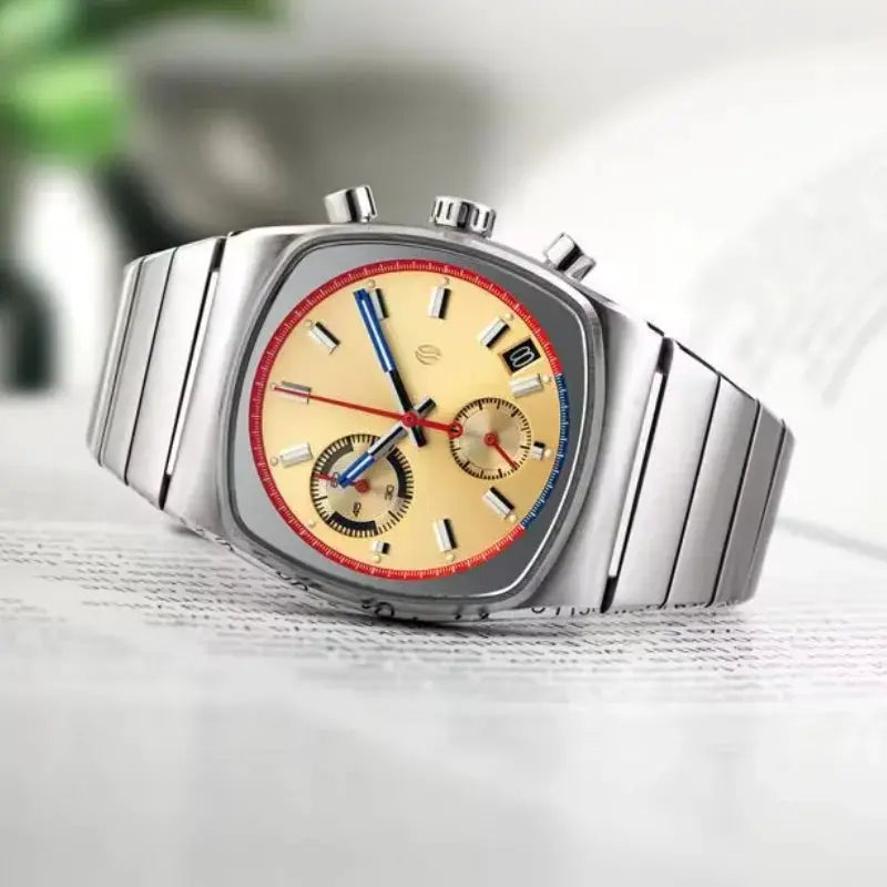 CILOA square men's stainless steel watch with beige dial, red outer ring, blue chronograph hands, and two subdials